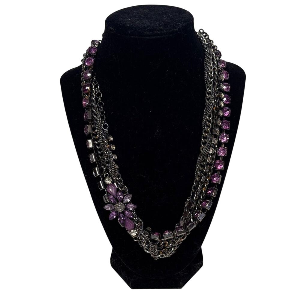Purple Rhinestone Layered Chain Statement Necklace Silver Tone 18” Glam Boho